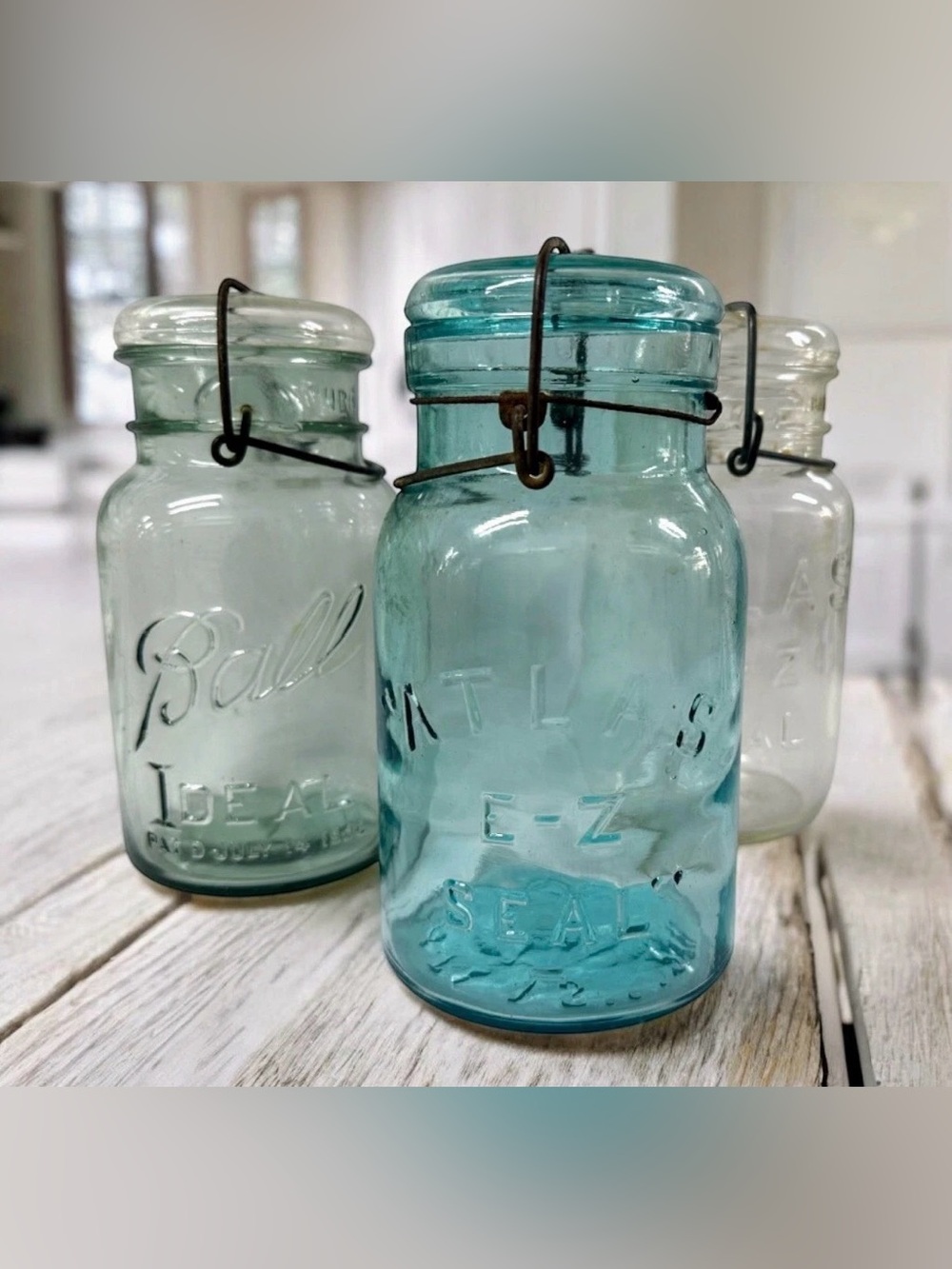 Antique Ball Ideal Atlas E-Z Seal Mason Jar Lot 3 Aqua Glass Wire Bail Lids